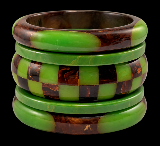 Shultz tobacco & spring green checkerboard and oval dot bangle stack
